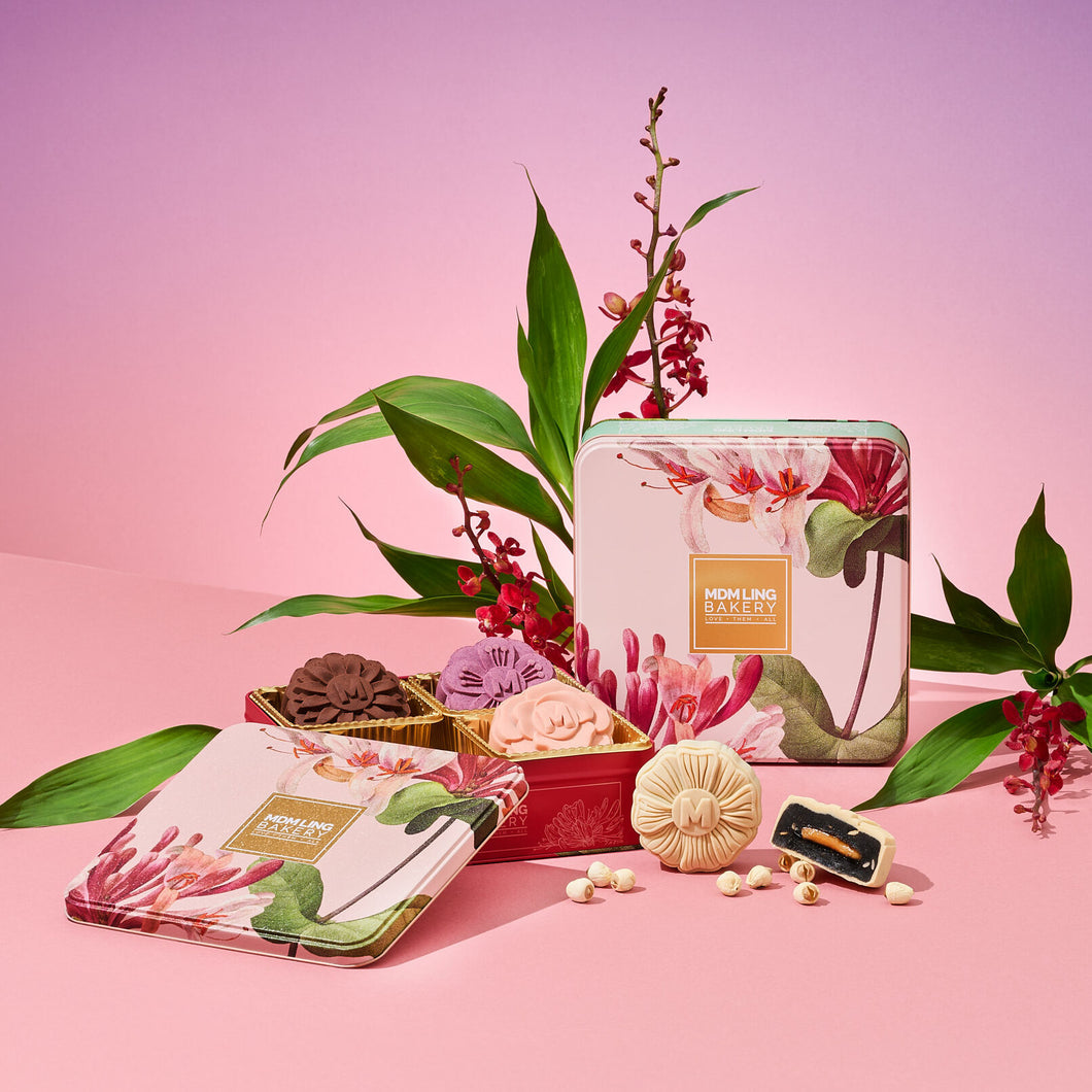 Festive Goodies: Mdm Ling Bakery's Joyful Blooms Festive Mooncake Tin (4 Mooncakes)