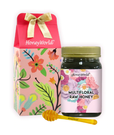 Festive Goodies: HONEYWORLD® Multiflora Raw Honey 500g + Yellow Honeycomb Dabber in Gift Box