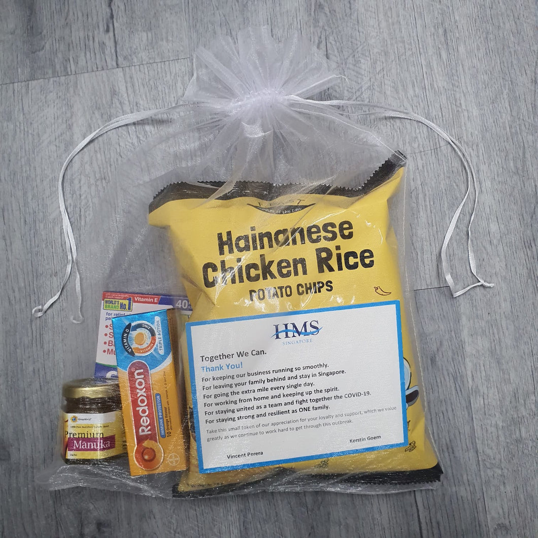 Packaging: Organza Drawstring Pouch with Customised A6 Message